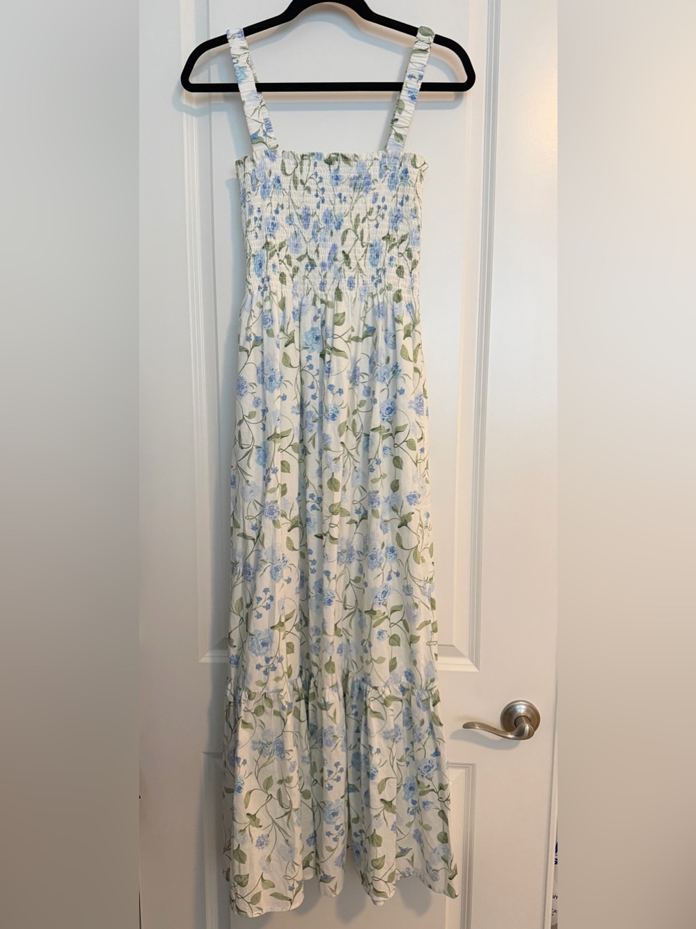 Hill House Floral Smocked White Maxi Dress with Blue and Green Print